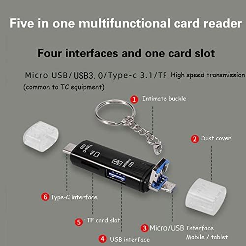 Acxico 1бр четец на карти памет 5 в 1 USB 3.0 Type C USB USB Micro SD TF четец за карти памет с OTG Адаптера (черен)