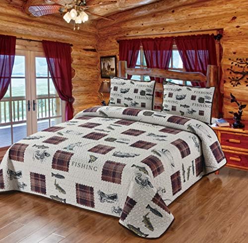 Комплект спално бельо LL Home Fishing Stories Plaid Lodge Lake Quilt / Размер: Двуспальное одеало + 2 Калъфки за възглавници