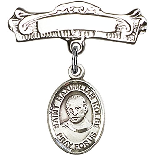 Детски икона от сребро с Чар Свети Максимилиан Кольбе и Извити Полирани игла за Икона 7/8 X 7/8 инча