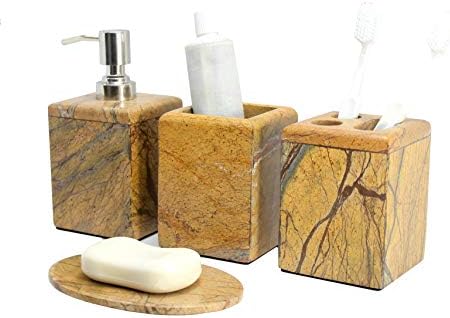 KLEO - Набор от аксесоари за баня от естествен зелен камък - Набор от аксесоари за баня от 4 теми Включва Опаковка сапун, държач