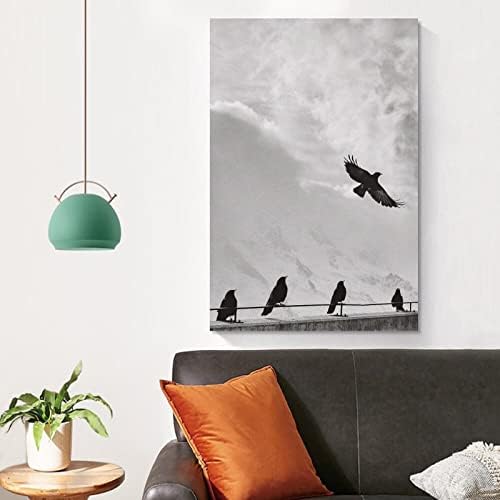 5 Черни Врани И Снежен Планински Пейзаж Плакат Реколта Черно-бели отпечатъци върху Платно С Животни Домашен Стенен Декор Плакат