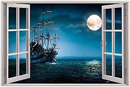 YOWOCAL 3D Фалшиви Прозорци Стикер за Стена, Подвижни, Пиратски Кораб Лодка в Океана Луната Изкуствени Прозорци Стикери
