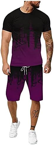 PDGJG Летен Мъжки костюм за фитнес, Спортно облекло, тениски с къс ръкав + шорти за рисуване, 2 броя (Цвят: лилаво,