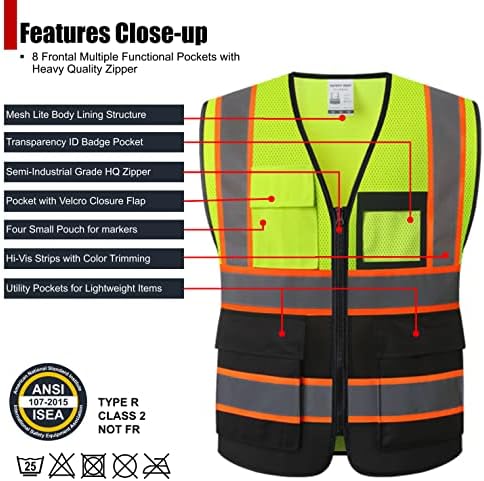 HATAUNKI Светлоотразителни жълто-черни мрежести жилетки за безопасност повишена видимост с 8 джобове и преден цип, жилетка