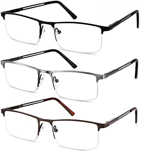 JJWELL, 3 опаковки Очила за четене със синя светлина за мъже, Леки Метални Правоъгълни Очила за четене без рамки за мъже,