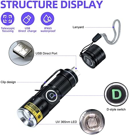 DARKDAWN UV 365нм Черни Фенери, Прожектори, USB Акумулаторна батерия, Лампа на Ууд Ултравиолетова Led Преносим Мини, Черно