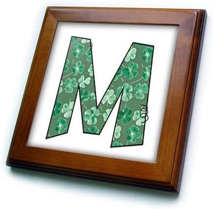 3dRose Симпатично Зелено Четырехлистный Детелина С Форма на Монограм Cue, Стартови плочки в М-образна рамка (ft-375827-1)