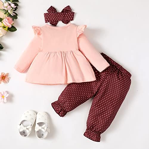 CBHAIBLYD/ Облекло за бебета Момичета, в началото на с дълги ръкави и Цветисти Лък + Панталони на точки + Превръзка