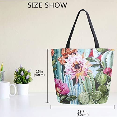 Naanle холщовая чанта-тоут с кактусом, голяма дамски ежедневни чанта на рамото, акварел цвете кактус, Множество,