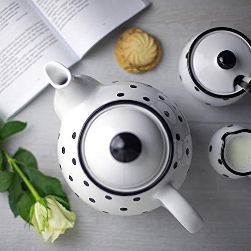 Голям Керамичен чайник, ръчна изработка на бял и черен грах обем 1,7 л/60 мл /4-6 чаши с дръжка и капак, Уникален Керамичен