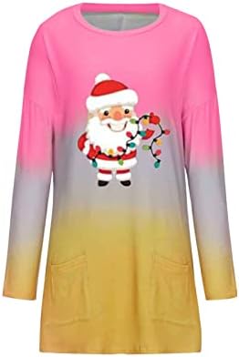 Тениска за Жени с Джоб, Ежедневна Туника с участието на Дядо Коледа, Върхове с Цветен Блок, Градиентные Тениски