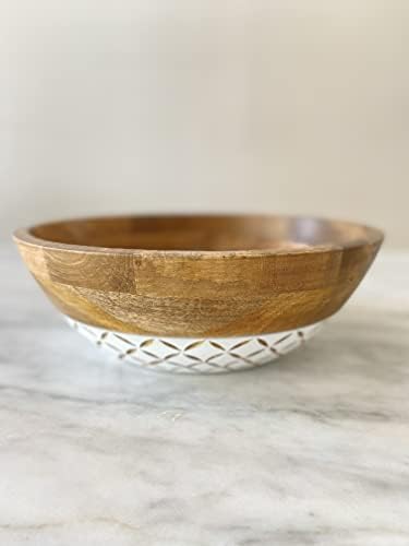 Дървена Сервировочная купа за плодове или салати Ръчно изработени от дърво Манго с Бели декоративни модел. Кръгъл