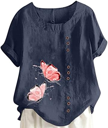 Дамска Блуза с кръгло деколте и цветя, Памук, Ленени Ризи На Изход, Летни Ризи С Къс Ръкав, Плюс Размер, Без Приятелка, Модните Върхове