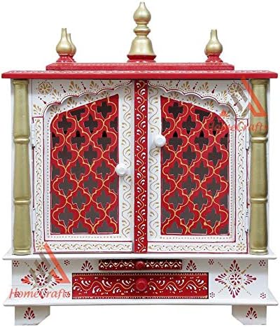 Ръчно декорирана Дървена Домашен храм с врати, изкуство Раджастански (до Пуджа тали, Книги за Пожа, снимки на Бога.Led светлини