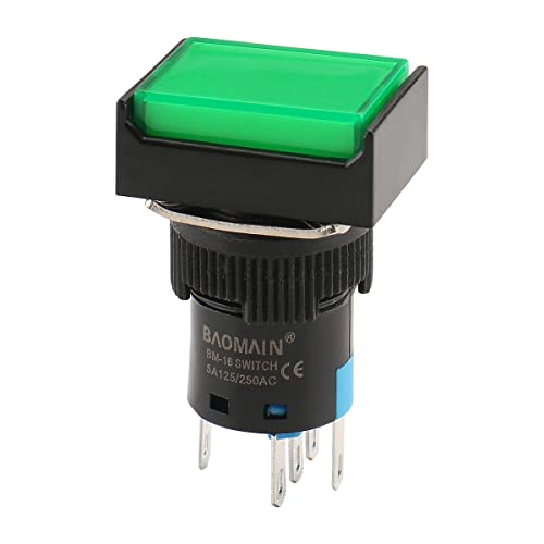 Бутон превключвател Baomain 16 мм Незабавен 1NO 1NC 24 В Зелен неон светещи правоъгълник 5 бр.