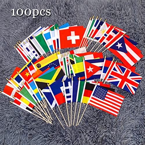 LoveVC Международни Знамена 100 страни по Света, с Дървена клечка, Малки Мини Ръчни Знамена за спортни дейности,