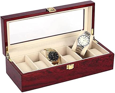 TJLSS 6 Слотове Дървена Кутия за Часовници, Витрина, Органайзер За Съхранение на Бижута, Подарък Кутия за съхранение на Бижута (Цвят: Червен, размер: Един размер)