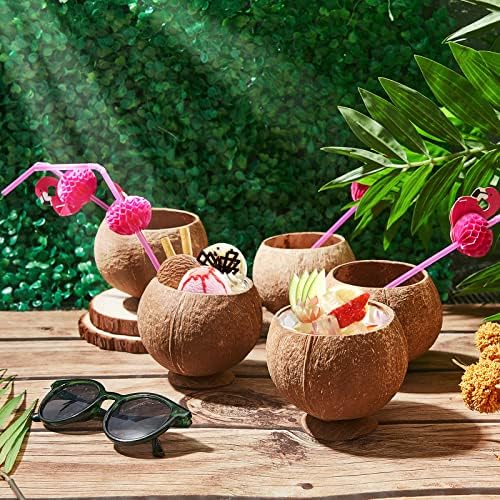 Taiyin 12 Опаковки от Кокосови Чаши с соломинками от фламинго, Хавайски украса за парти Luau, Розови Епруветки и чаши Тики във форма кокосови за деца и възрастни, Хавайски