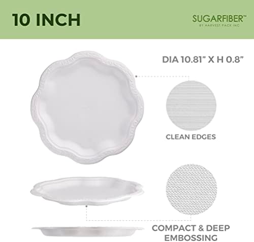 10-инчови Компостируемые за Еднократна употреба Хартиени чинии от Захарна влакна, Колекция White Floral Acanthus [50 БРОЯ]