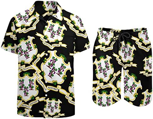 Мъжки Плажно облекло с Логото на Хартата на щата Кънектикът от 2 теми, Хавайска Риза с копчета с Къс ръкав и къси Панталони,