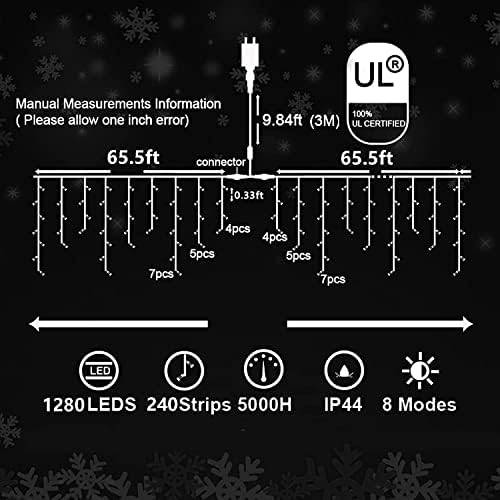 XURISEN 132 ft Коледни Светлини Декорация на открито, 1280 led 8 Режима Завеса Приказни Светлини с 240 капки, Plug Водоустойчив