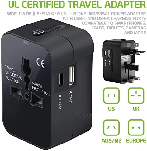Международен захранващ адаптер USB Travel Plus, който е съвместим с Karbonn S1 Titanium за захранване на 3 устройства по целия свят USB TypeC, USB-A за пътуване между САЩ/ЕС /AUS/NZ/UK /КН (чере?