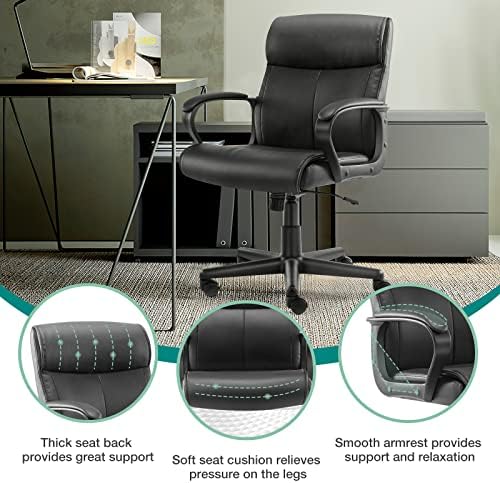 Кресло за домашен офис с мека със Средна Облегалка за главата, с Подлакътник, Компютърни Столове с Регулируема височина, Завъртане на 360 градуса, Кожа, е с капацитет