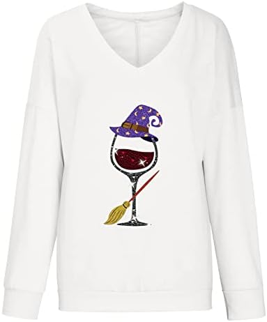 NaRHbrg Hoody с Чаша Вино за Хелоуин, Пуловер, Пуловери Вещици с V-образно деколте и Дълъг Ръкав, Ежедневни Свободни