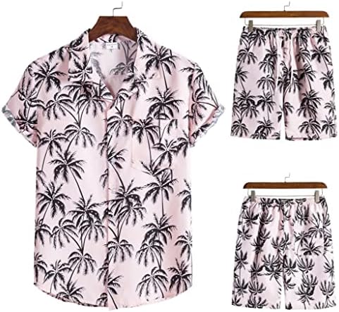 Костюм за почивка, Мъжки Хавайска риза, костюм с къс ръкав, Ежедневни риза с копчета с принтом, Плажни шорти, 2 броя (Цвят: