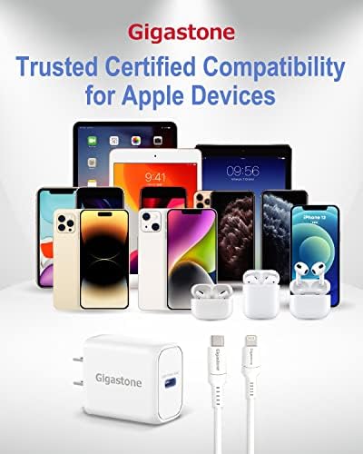 Зарядно устройство Gigastone за iPhone Бързо зареждане на 【Сертифициран от Apple Пфи】 2 комплекта, зарядно устройство, USB C, мощност 20 W + USB кабел-C за Светкавица с дължина 5 мет?