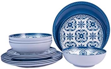 Прибори за хранене от меламин - 12 бр., Комплект чинии и мисок за улиците, както и помещения, за 4 човека, Могат да се мият в съдомиялна машина, Синьо Цвете