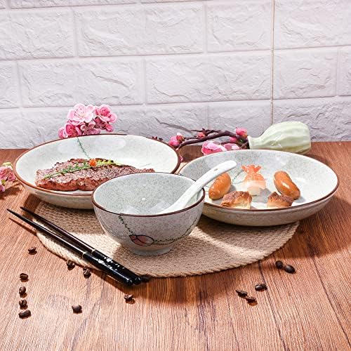 Комплект керамични съдове за готвене Whitenesser от 4 теми, Чиния, Блюдо, Чиния, Лъжица, Японски съдове с ръчно рисувани