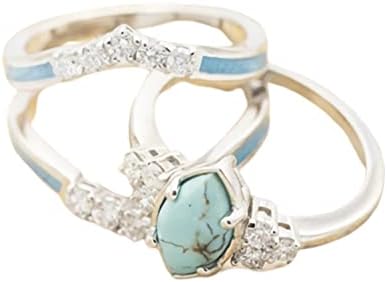 Pingyongchang Комплект Пръстени от 3 теми, Пръстени с Естествен Тюркоаз диамантен пръстен, Пръстен Сребърен Цвят