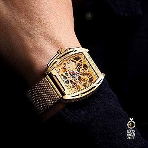 Ръчен часовник CIGA Design със златен Автоматичен механичен корпус от неръждаема стомана, каишка силикон Skeleton Tonneau,