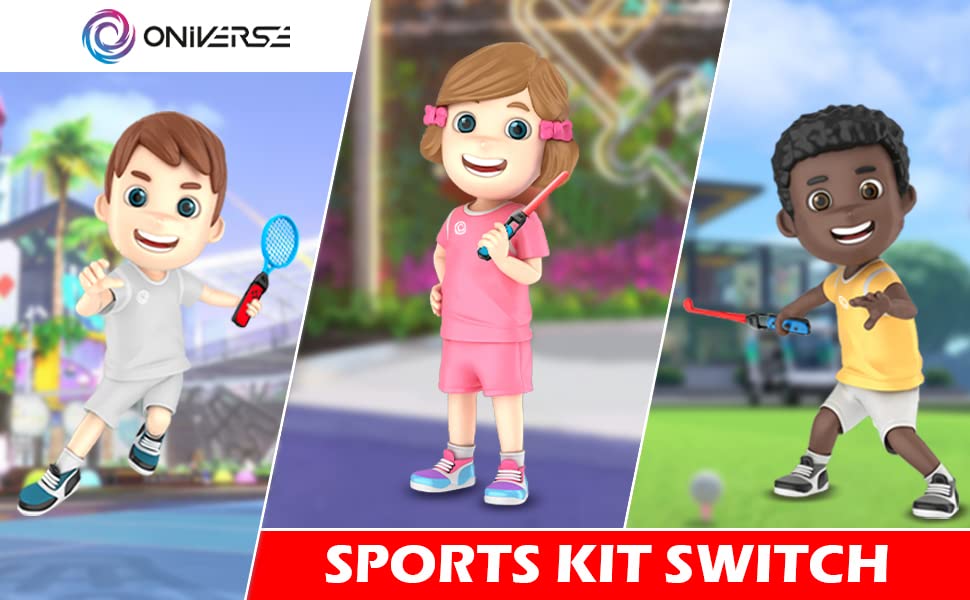 Oniverse [12в1] Комплект спортни аксесоари Switch - Семеен комплект аксесоари за Nintendo Switch Sports с тенис ракетками, мечове Chambara, клюшками за голф, джапанки за краката, джапанки з