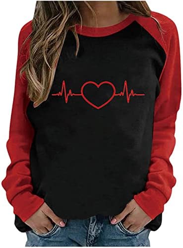 Женска тениска с графичен дизайн, hoody с дълъг ръкав, модерен случайни пуловер с кръгло деколте в цвят блок, на върховете