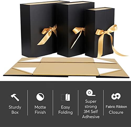 Подаръчни Кутии Naroume с Капак за подарък, Малка Черна Сгъваема Подарък Кутия с Панделка и Магнитна закопчалка, Подаръчни
