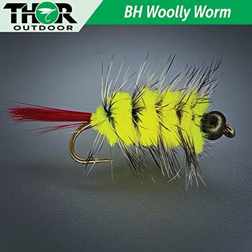 Thor Outdoor BH Вълнест червей, Комплект от 5 теми – Жълто - Мокри мухи за риболов летят риболов на пъстърва и Панфиши - Размера на куката # 12