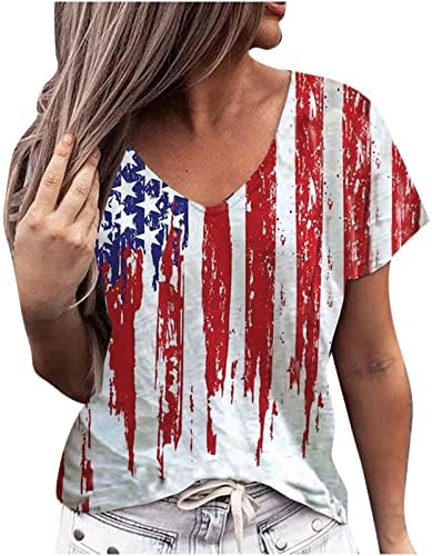 Тениска с Американския Флаг, Женска Тениска със Звездните Ивици САЩ, Тениски Четвърти Юли, Ежедневни тениски с V-образно деколте