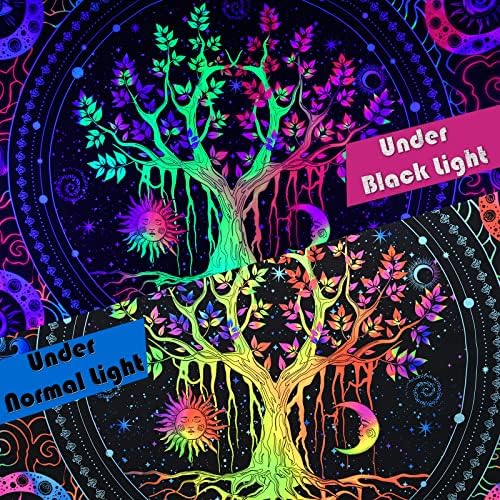 Гоблен Krelymics Blacklight Дървото на живота, Гоблен с изображение на Слънцето и Луната, Гоблен с UV-реакция, Космически