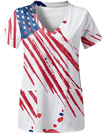 Тениски на 4 юли, Ризи за Жени с Флага на САЩ, Летни Тениски с Къс Ръкав и V-образно деколте, 2 Джоба, Блузи,