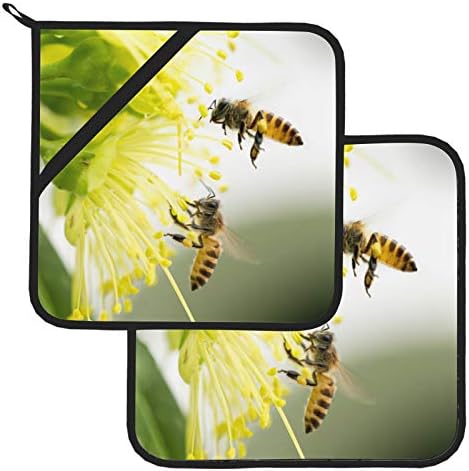 Комплекти Кухненски Кърпи с Прихватками за Пчели за опрашване на Жълто Цвете, Топлоустойчива Комплекти Кухненски Кърпи с