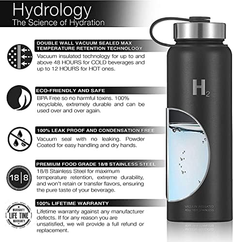 Бутилка за вода H2 Hydrology с тесен провлак и 3 КАПАКА | Бутилка за вода от Неръждаема стомана с вакуумна