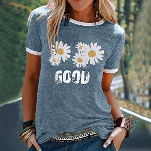 Тениска за жени, Модни Летни блузи с флорални принтом Маргаритки, Ежедневни Тениски с къс ръкав и кръгло деколте, Свободна