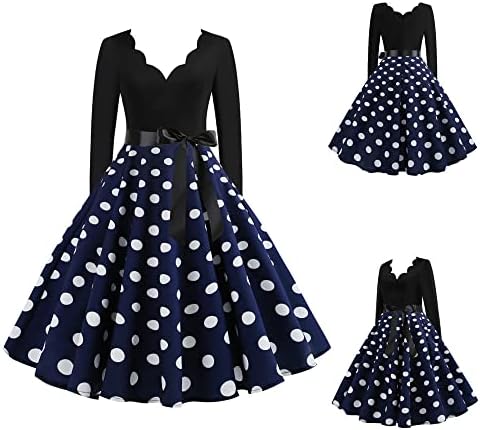 Женствена рокля на Полка точки на 1950-те години, с дълъг ръкав, Винтажное Рокля с V-образно деколте, Ретро Рокля Midi за Коктейльной парти, Рокля-Люлка