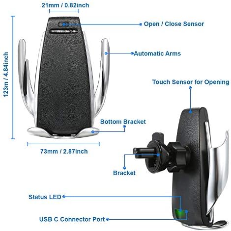 Безжично зарядно за Кола MMOBIEL стойка за телефона - Вентилационно планина за телефон сензор за Чи Fast Charge, Съвместимо с iPhone / Samsung и други устройства - Въртене на 360 °
