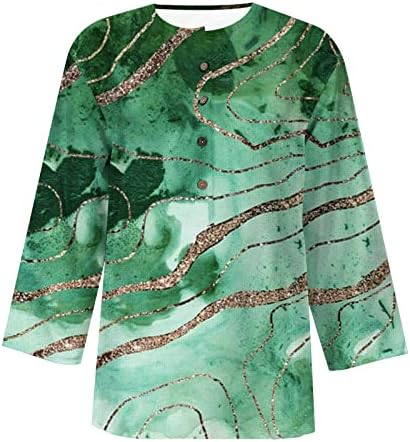 Блуза за Момичета Есен-Лято с 3/4 ръкав и кръгло деколте Хенли, Мрамор Графичен Топ, Дамски Дрехи, Копчета J7