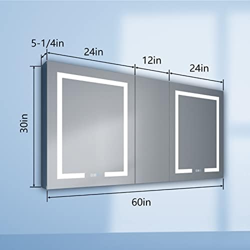 Комплект за баня ExBrite с led подсветка и Огледало, 60 x 30 Инча, Led Комплект с Допълнителен Затворен шкаф за съхранение, Защита от замъгляване, Плавно затъмняване, Промяна