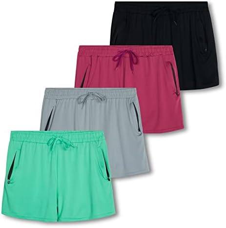 Real Essentials 4 опаковки: Дамски шорти суха засаждане за активни спортни занимания с джобове с цип (на разположение в големи