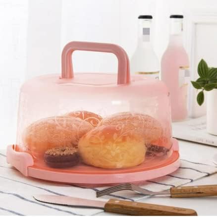 Пластмасова кръгла контейнер за съхранение на торти, кутия-переноска за торти, плодове, десерти, кексчета, хляб (розова)